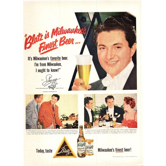 1952 Blatz Beer Vintage Print Ad Piano Liberace Pianist Milwaukee 50s Wall Art - Picture 1 of 2